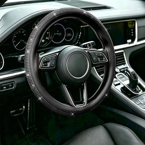 Bling Rhinestone Steering Wheel Cover – Sparkly Artificial Diamond Inlay – Non-Slip Leather Grip – Universal Fit for 14.5"-15" Cars, Pickup Trucks, SUVs, Vans (Black with White Diamonds) in Saudi Arabia