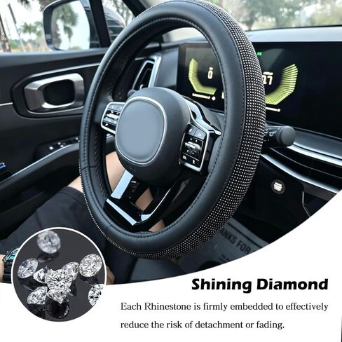 Bling Rhinestone Steering Wheel Cover – Sparkly Artificial Diamond Inlay – Non-Slip Leather Grip – Universal Fit for 14.5"-15" Cars, Pickup Trucks, SUVs, Vans (Black with White Diamonds) in Saudi Arabia