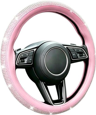 Bling Rhinestone Steering Wheel Cover – Sparkly Artificial Diamond Inlay – Non-Slip Leather Grip – Universal Fit for 14.5"-15" Cars, Pickup Trucks, SUVs, Vans (Black with White Diamonds) in Saudi Arabia