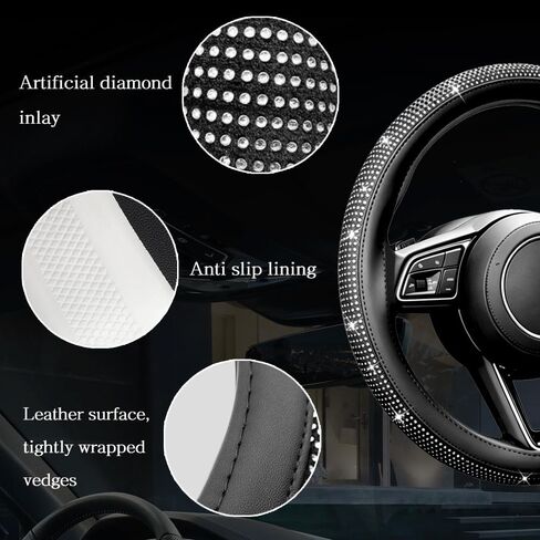 Bling Rhinestone Steering Wheel Cover – Sparkly Artificial Diamond Inlay – Non-Slip Leather Grip – Universal Fit for 14.5"-15" Cars, Pickup Trucks, SUVs, Vans (Black with White Diamonds) in Saudi Arabia