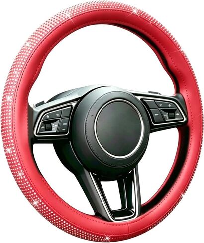 Bling Rhinestone Steering Wheel Cover – Sparkly Artificial Diamond Inlay – Non-Slip Leather Grip – Universal Fit for 14.5"-15" Cars, Pickup Trucks, SUVs, Vans (Black with White Diamonds) in Saudi Arabia