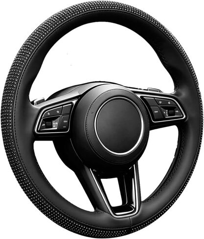 Bling Rhinestone Steering Wheel Cover – Sparkly Artificial Diamond Inlay – Non-Slip Leather Grip – Universal Fit for 14.5"-15" Cars, Pickup Trucks, SUVs, Vans (Black with White Diamonds) in Saudi Arabia
