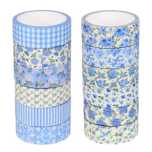 Skrfren 12 Rolls Blue Floral Washi Tape Decorative Masking Flower Tape Vintage Gift Wrapping Paper Tapes for DIY Scrapbook Envelope Journaling Party Favor in Kuwait