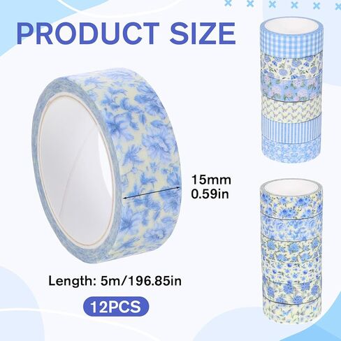 Skrfren 12 Rolls Blue Floral Washi Tape Decorative Masking Flower Tape Vintage Gift Wrapping Paper Tapes for DIY Scrapbook Envelope Journaling Party Favor in Kuwait