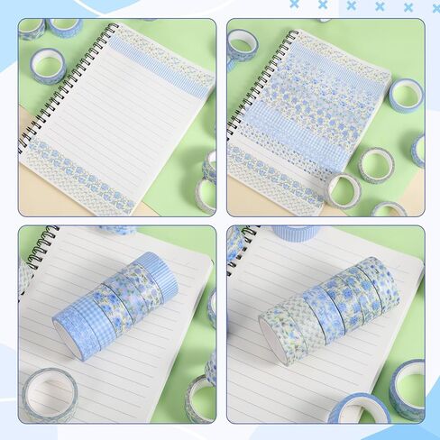 Skrfren 12 Rolls Blue Floral Washi Tape Decorative Masking Flower Tape Vintage Gift Wrapping Paper Tapes for DIY Scrapbook Envelope Journaling Party Favor in Kuwait
