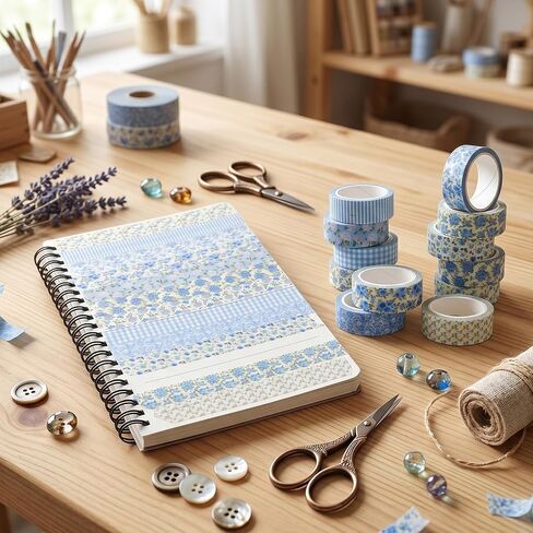 Skrfren 12 Rolls Blue Floral Washi Tape Decorative Masking Flower Tape Vintage Gift Wrapping Paper Tapes for DIY Scrapbook Envelope Journaling Party Favor in Kuwait