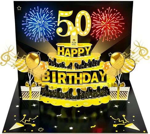 Eiurteao Pop Up 80th Birthday Cards for Men Women - Firework & Music & Blowable Candle Lights 3D Cake, Funny Black Gold Happy 80 Birthday Card Gifts for Mom, Dad, Husband, Wife, Son, Friend in Saudi Arabia