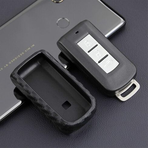 Soft Silicone Rubber Carbon Fiber Texture Case Key Fob Cover for Mitsubishi ASX Eclipse Cross Fortis Galant Lancer EVO Evolution Mirage Outlander RVR Car Key Shell - Black - Round Keychain in Saudi Arabia