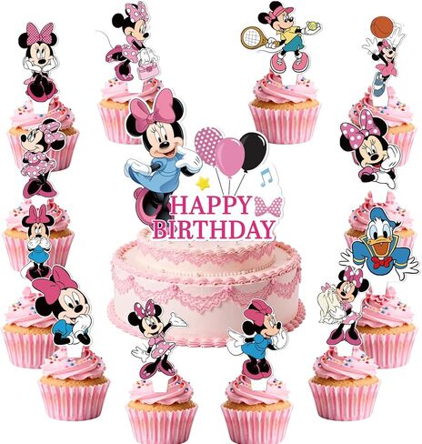 25Pcs Minnie Birthday Party Supplies Pack Includes 1 Cake Topper 24 Cupcake Toppers for Minnie Party Supplies in Saudi Arabia