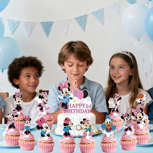 25Pcs Minnie Birthday Party Supplies Pack Includes 1 Cake Topper 24 Cupcake Toppers for Minnie Party Supplies in Saudi Arabia