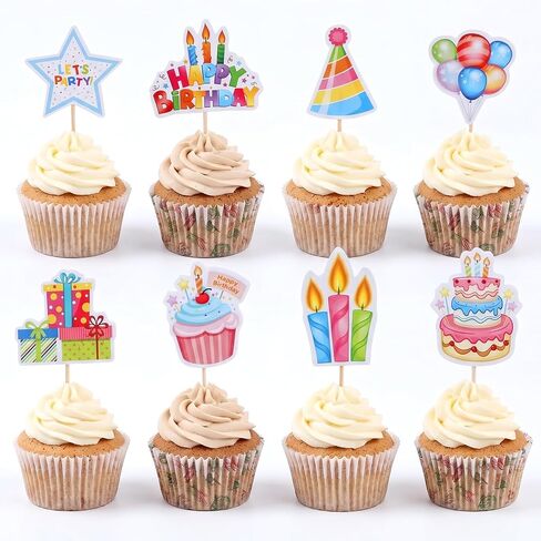 Gjinxi 24pcs Happy Birthday Cupcake Toppers Cheers Anniversary Theme Cake Picks Set Cupcake Ornament Insert Supplies Wedding Cake Decorations Baby Shower Party Favors in Kuwait