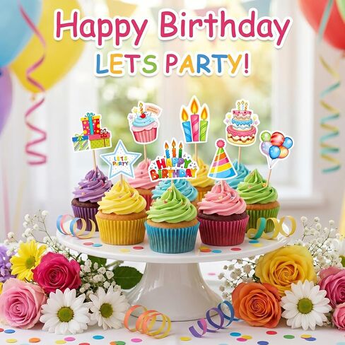 Gjinxi 24pcs Happy Birthday Cupcake Toppers Cheers Anniversary Theme Cake Picks Set Cupcake Ornament Insert Supplies Wedding Cake Decorations Baby Shower Party Favors in Kuwait
