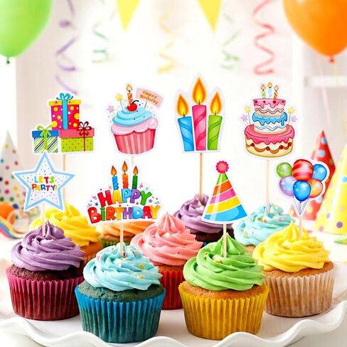 Gjinxi 24pcs Happy Birthday Cupcake Toppers Cheers Anniversary Theme Cake Picks Set Cupcake Ornament Insert Supplies Wedding Cake Decorations Baby Shower Party Favors in Kuwait