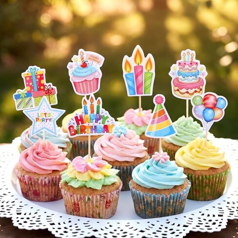 Gjinxi 24pcs Happy Birthday Cupcake Toppers Cheers Anniversary Theme Cake Picks Set Cupcake Ornament Insert Supplies Wedding Cake Decorations Baby Shower Party Favors in Kuwait