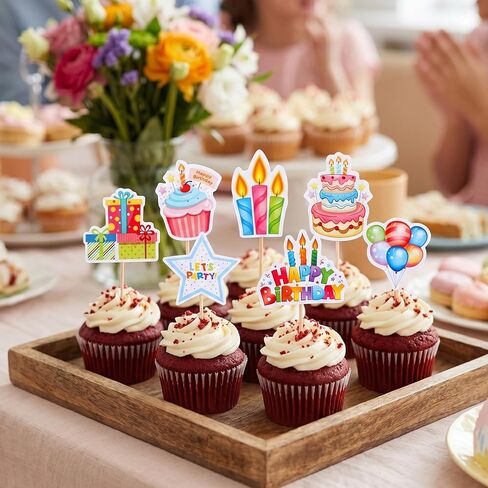Gjinxi 24pcs Happy Birthday Cupcake Toppers Cheers Anniversary Theme Cake Picks Set Cupcake Ornament Insert Supplies Wedding Cake Decorations Baby Shower Party Favors in Kuwait