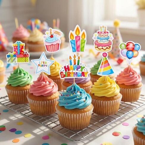 Gjinxi 24pcs Happy Birthday Cupcake Toppers Cheers Anniversary Theme Cake Picks Set Cupcake Ornament Insert Supplies Wedding Cake Decorations Baby Shower Party Favors in Kuwait