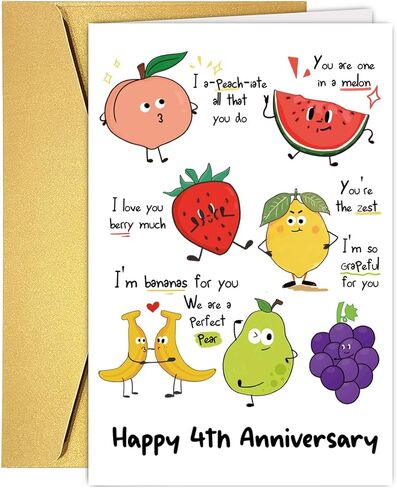 UUEFKTN Cute 4th Wedding Anniversary Card for Women Men, Funny 4 Year Annversary Card Gift for Husband Wife Boyfriend Girlfriend Partner, Lovely Fruit Pun Anniversary Decor For Him Her in Saudi Arabia