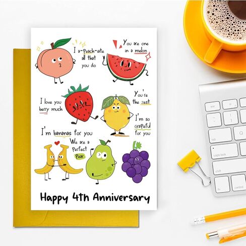 UUEFKTN Cute 4th Wedding Anniversary Card for Women Men, Funny 4 Year Annversary Card Gift for Husband Wife Boyfriend Girlfriend Partner, Lovely Fruit Pun Anniversary Decor For Him Her in Saudi Arabia