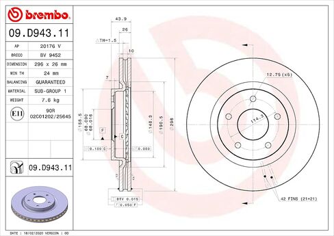 Brembo 09.D943.11 UV Coated vented Front Brake Rotor RENAULT OE# 402065HA0A in Kuwait
