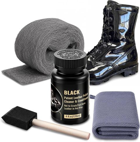 Patent Leather Mirror Shine Kit, High Gloss Coating Set with Sponge, Cloth & Steel Wool, Restore Gloss & Remove Scuffs for Leather & Vinyl Shoes Boots Inspection Ready (120ml) in Saudi Arabia