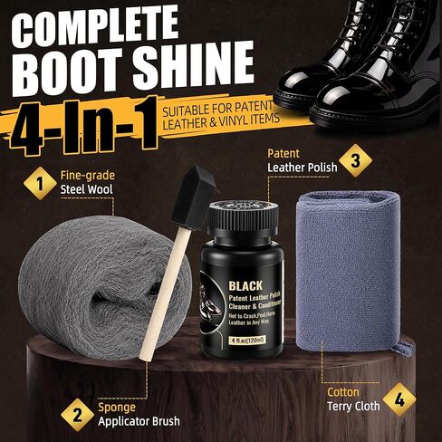 Patent Leather Mirror Shine Kit, High Gloss Coating Set with Sponge, Cloth & Steel Wool, Restore Gloss & Remove Scuffs for Leather & Vinyl Shoes Boots Inspection Ready (120ml) in Saudi Arabia