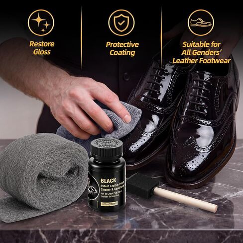 Patent Leather Mirror Shine Kit, High Gloss Coating Set with Sponge, Cloth & Steel Wool, Restore Gloss & Remove Scuffs for Leather & Vinyl Shoes Boots Inspection Ready (120ml) in Saudi Arabia