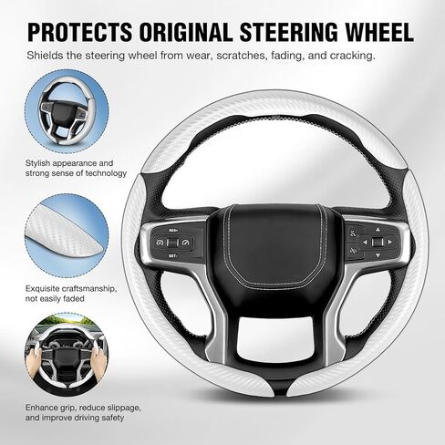 Car Steering Wheel Cover for Jeep Patriot 2017-2018, Car Accessories Steering Wheel Covers for Women Men, Carbon Fiber Anti-Slip Snap on Grip, 3PCS Segmented Design, Standard Size (14.5"-15" - White) in Saudi Arabia