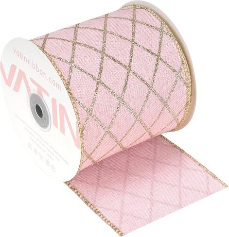 VATIN Pink Gold Wired Ribbon with Gold Argyle Foil Print, 3-1/2-Inch x 10 Yards, with Standard Serged Edges, Thick Ribbon for Tree Skirts, Mantel Decor, Gift Wrapping, Holiday Party Decoration in Kuwait
