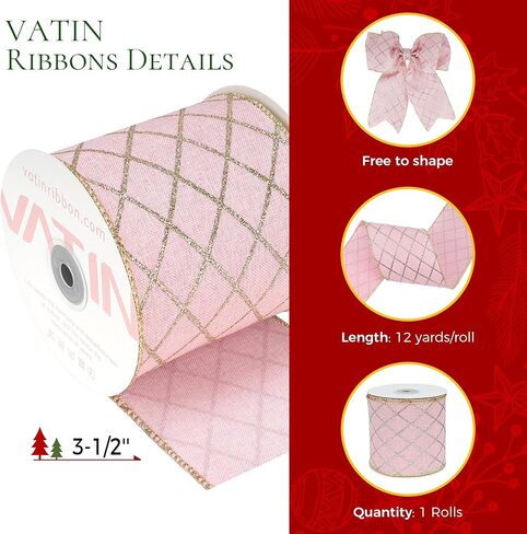 VATIN Pink Gold Wired Ribbon with Gold Argyle Foil Print, 3-1/2-Inch x 10 Yards, with Standard Serged Edges, Thick Ribbon for Tree Skirts, Mantel Decor, Gift Wrapping, Holiday Party Decoration in Kuwait