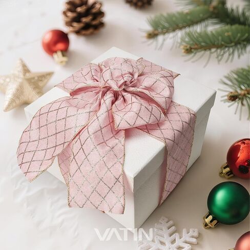VATIN Pink Gold Wired Ribbon with Gold Argyle Foil Print, 3-1/2-Inch x 10 Yards, with Standard Serged Edges, Thick Ribbon for Tree Skirts, Mantel Decor, Gift Wrapping, Holiday Party Decoration in Kuwait