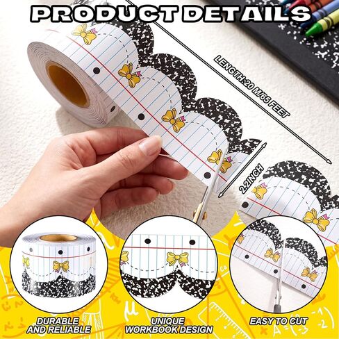 ReliThick 65ft Back to School Composition Bulletin Board Border Decorations Scalloped Composition Notebook Pencil Bow Bulletin Board Trim for DIY Craft Classroom Office Chalkboard Blackboard Wall Door in Kuwait