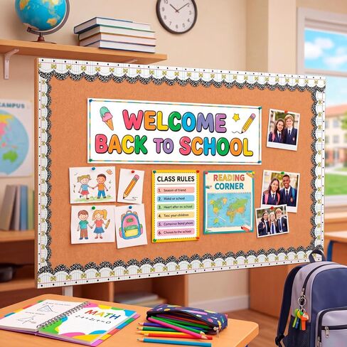ReliThick 65ft Back to School Composition Bulletin Board Border Decorations Scalloped Composition Notebook Pencil Bow Bulletin Board Trim for DIY Craft Classroom Office Chalkboard Blackboard Wall Door in Kuwait