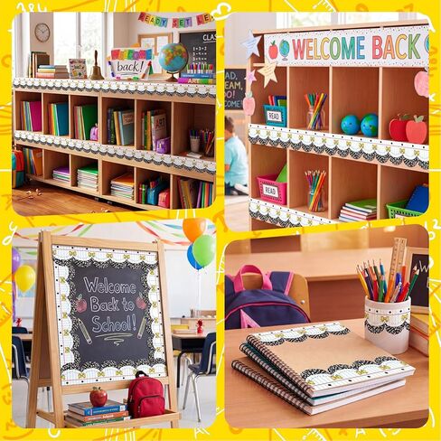 ReliThick 65ft Back to School Composition Bulletin Board Border Decorations Scalloped Composition Notebook Pencil Bow Bulletin Board Trim for DIY Craft Classroom Office Chalkboard Blackboard Wall Door in Kuwait
