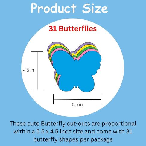 SHAPES ETC. 31 Pcs Butterfly Assorted Color Large Cut-Outs 5.5in, Construction Paper Shapes, Spring Bulletin Board Decorations, DIY Crafts, Bug Cut Outs, Wall Cutouts, Made in USA in Kuwait