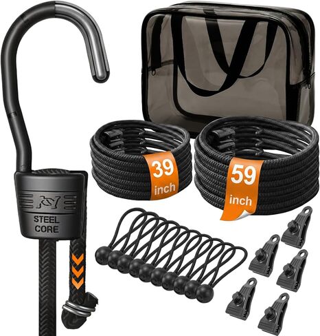 Adjustable Bungee Cords with Hooks Heavy Duty Outdoor (26 Pcs), 3mm Steel Core Anti-Scratch Hooks, Premium Elastic Cord Set with Tarp Clips & Ball Bungees for Camping Gear, Tie Downs & Garage in Saudi Arabia