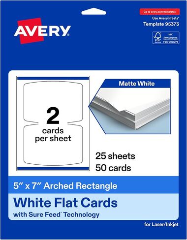 بطاقات مسطحة مستطيلة مقوسة قابلة للطباعة من Avery، تقنية Sure Feed، مقاس 5 بوصات × 7 بوصات، بطاقات بيضاء غير لامعة، قابلة للطباعة بالليزر/النافثة للحبر، إجمالي 100، رائعة للعلامات التجارية للمنتجات والتسويق والمزيد in Kuwait