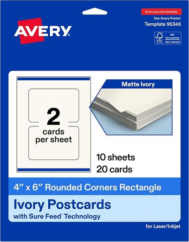 Avery Printable Rectangle Cards, Rounded Corners, Sure Feed Technology, 4" x 6", Matte Ivory Cardstock, Print-to-the-Edge, Laser/Inkjet, 100 Total, Great for Postcards and Thank You Cards in Kuwait