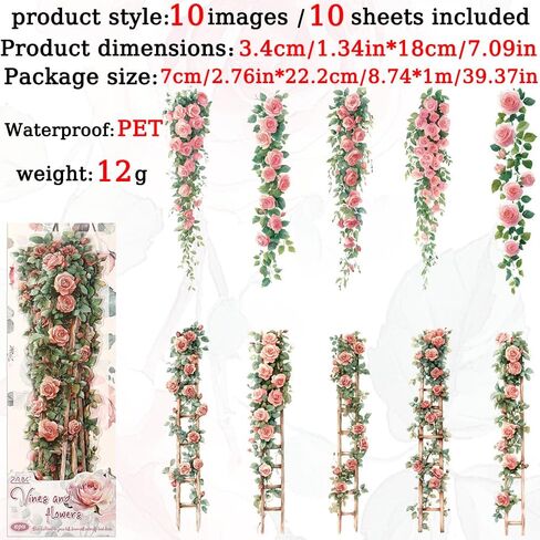 10Pcs Rose Flower Ladder Stickers Vintage Floral Vine Scrapbook Stickers for Journaling Junk Journal Supplies Spring Flower Sticker PET Aesthetic Sticker Decorative Decals for Crafts DIY Card Collage in Saudi Arabia