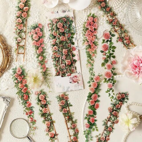 10Pcs Rose Flower Ladder Stickers Vintage Floral Vine Scrapbook Stickers for Journaling Junk Journal Supplies Spring Flower Sticker PET Aesthetic Sticker Decorative Decals for Crafts DIY Card Collage in Saudi Arabia