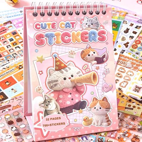 Cute Cat Sticker Book,Hard Cover Spiral Binding,32 Pages,700+Die Cut Cat Meme Sticker for Scrapbook,Journal,Planner,Diary,Envelope,Laptop Deco,Art Project,Gift to Friends&Craft DIY Activity in Kuwait