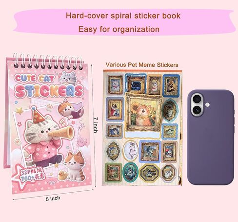 Cute Cat Sticker Book,Hard Cover Spiral Binding,32 Pages,700+Die Cut Cat Meme Sticker for Scrapbook,Journal,Planner,Diary,Envelope,Laptop Deco,Art Project,Gift to Friends&Craft DIY Activity in Kuwait