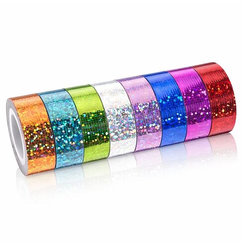 8 Rolls Holographic Glitter Washi Tape Set, 0.6Inch X 16.5Ft Strong Adhesive Decorative Tape, Assorted Prismatic Sparkle Holographic Tapes in 8 Colors, For DIY Crafts Gift Wrapping Scrapbooking Decor in Saudi Arabia