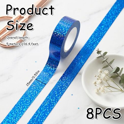 8 Rolls Holographic Glitter Washi Tape Set, 0.6Inch X 16.5Ft Strong Adhesive Decorative Tape, Assorted Prismatic Sparkle Holographic Tapes in 8 Colors, For DIY Crafts Gift Wrapping Scrapbooking Decor in Saudi Arabia