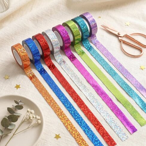8 Rolls Holographic Glitter Washi Tape Set, 0.6Inch X 16.5Ft Strong Adhesive Decorative Tape, Assorted Prismatic Sparkle Holographic Tapes in 8 Colors, For DIY Crafts Gift Wrapping Scrapbooking Decor in Saudi Arabia