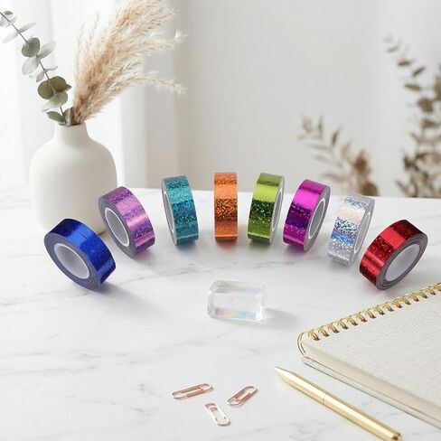8 Rolls Holographic Glitter Washi Tape Set, 0.6Inch X 16.5Ft Strong Adhesive Decorative Tape, Assorted Prismatic Sparkle Holographic Tapes in 8 Colors, For DIY Crafts Gift Wrapping Scrapbooking Decor in Saudi Arabia