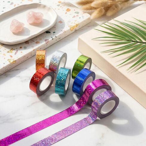8 Rolls Holographic Glitter Washi Tape Set, 0.6Inch X 16.5Ft Strong Adhesive Decorative Tape, Assorted Prismatic Sparkle Holographic Tapes in 8 Colors, For DIY Crafts Gift Wrapping Scrapbooking Decor in Saudi Arabia