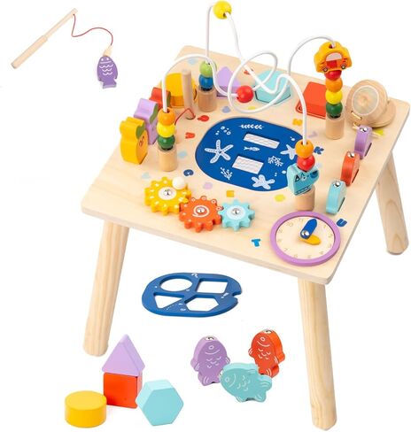 Busy edition Activity Table for 1 Year Old, 9 in 1 Wooden Montessori Toys, Baby Activity Table with Bead Maze Toys for Toddlers, Learning Sensory Development Play Table, 1 Year Old Boy Gifts in Saudi Arabia