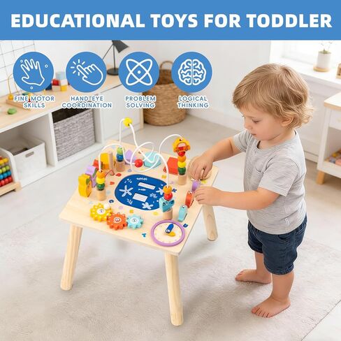 Busy edition Activity Table for 1 Year Old, 9 in 1 Wooden Montessori Toys, Baby Activity Table with Bead Maze Toys for Toddlers, Learning Sensory Development Play Table, 1 Year Old Boy Gifts in Saudi Arabia