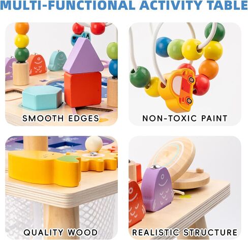 Busy edition Activity Table for 1 Year Old, 9 in 1 Wooden Montessori Toys, Baby Activity Table with Bead Maze Toys for Toddlers, Learning Sensory Development Play Table, 1 Year Old Boy Gifts in Saudi Arabia