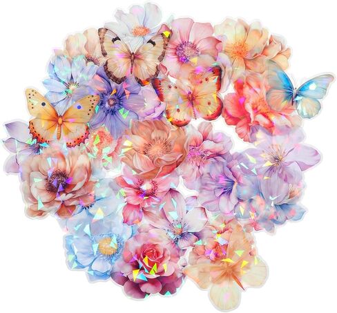 60Pcs Glitter Flower Stickers, Holographic Nature Flower Sticker, Waterproof Decorative Floral & Buttefly Decals for Journal, Scrapbooking & Planners, Stickers Floral for Crafts Photo Album Decor in Saudi Arabia